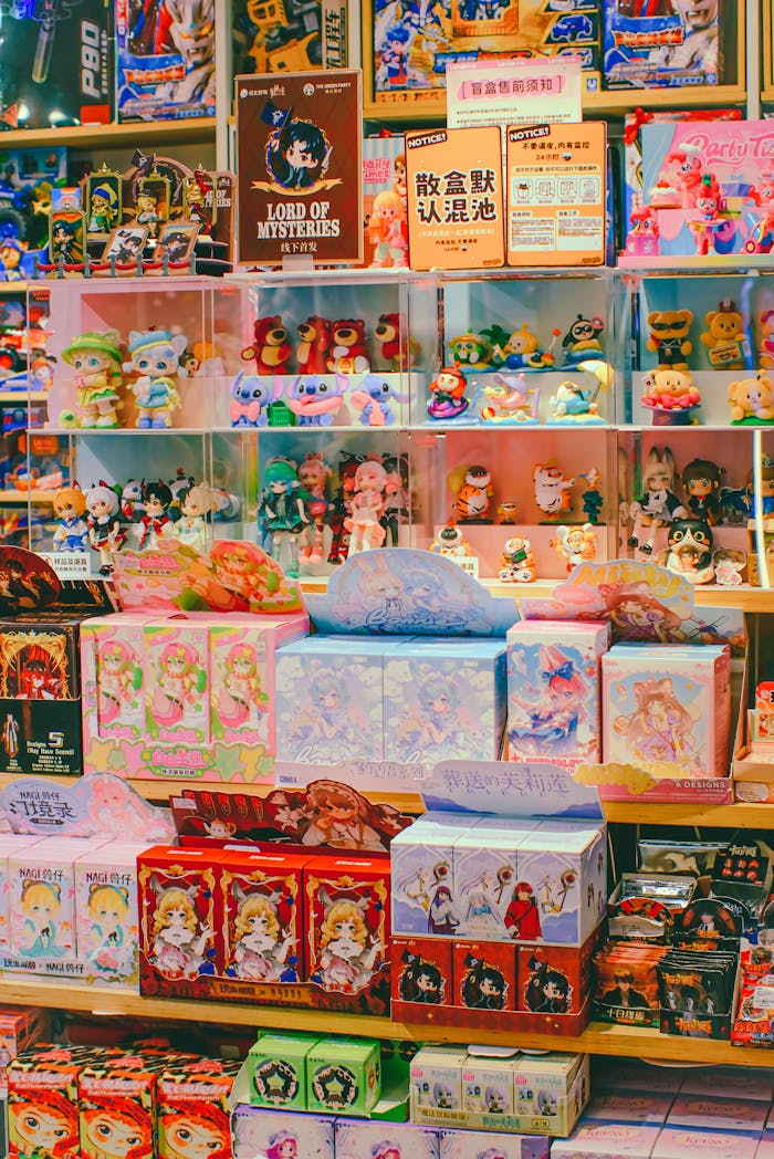 Vibrant display of anime figurines and collectibles in a toy store with diverse characters.