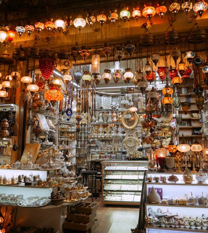 A colorful display of traditional lamps and souvenirs at an Istanbul market.